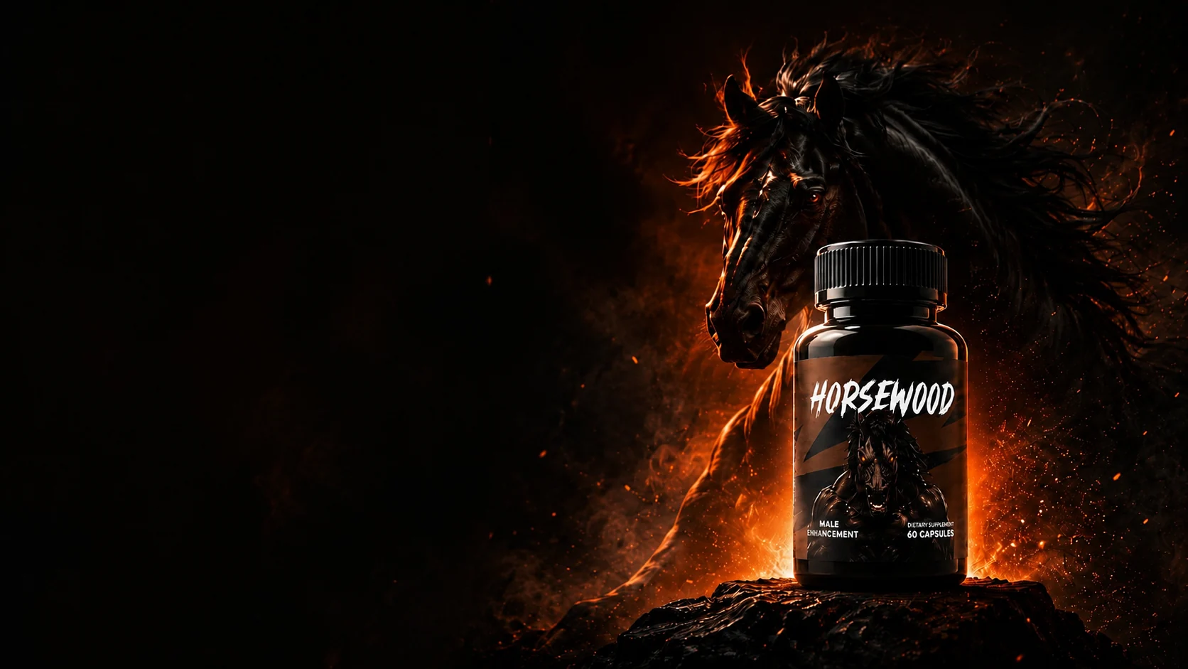 Horsewood male vitality capsule bottle on dark stone with a horse silhouette and ember light behind it