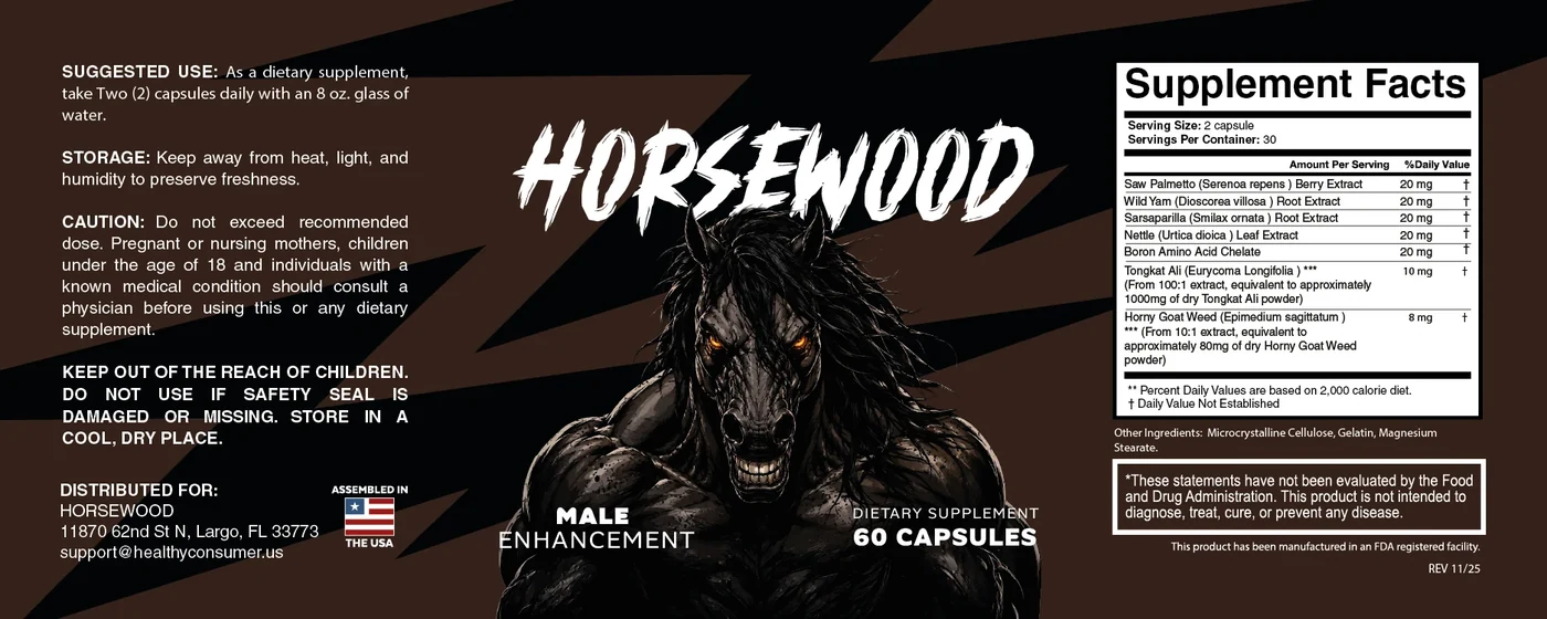Horsewood label and Supplement Facts panel showing seven ingredients and per-serving amounts