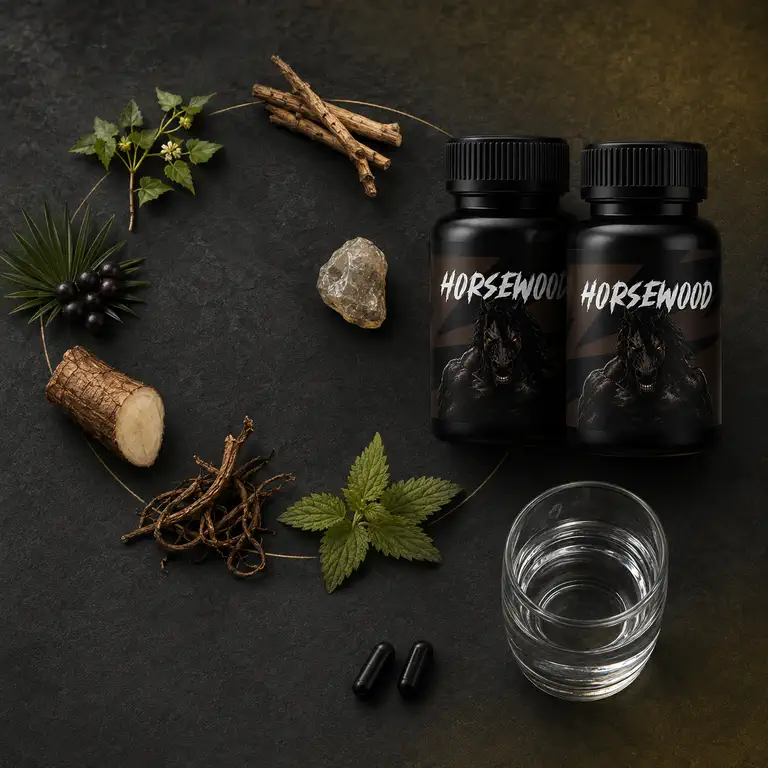 Horsewood bottles with seven botanical ingredient cues, two capsules and a glass of water