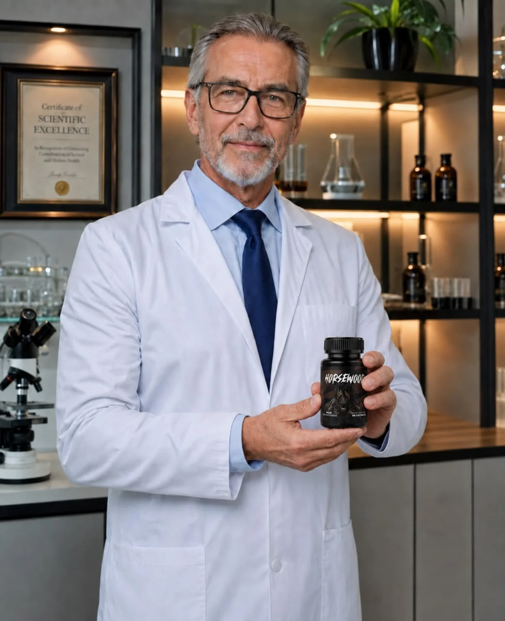Manufacturer product photograph: a technician in a laboratory holding a bottle of Horsewood capsules